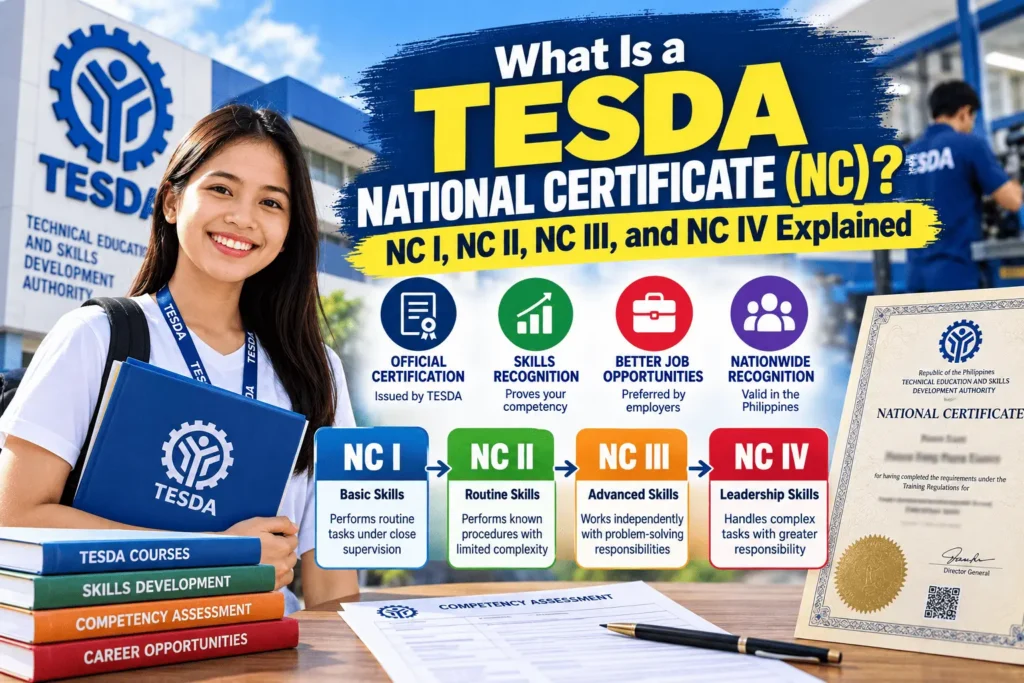 TESDA National Certificate guide showing NC I, NC II, NC III, and NC IV certification levels, competency assessment process, and skills recognition in the Philippines.